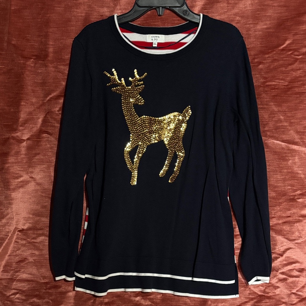 Crown & Ivy Navy Sweater with Red and White Stripes